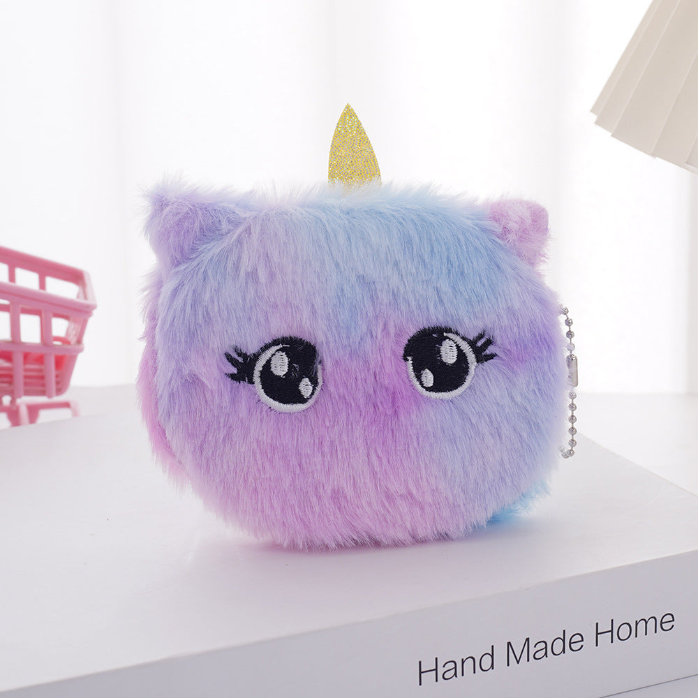 Mini porte-monnaie pour enfants en peluche avec motif de dessin animé et licorne