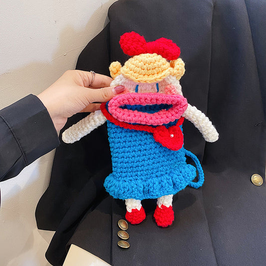 Women's Finished Fashion Color Contrast Cartoon Wool Children's Shoulder Bags