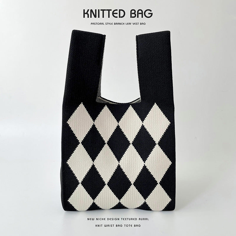 Vest Knitted Black White Rhombus Single High Shoulder Bags