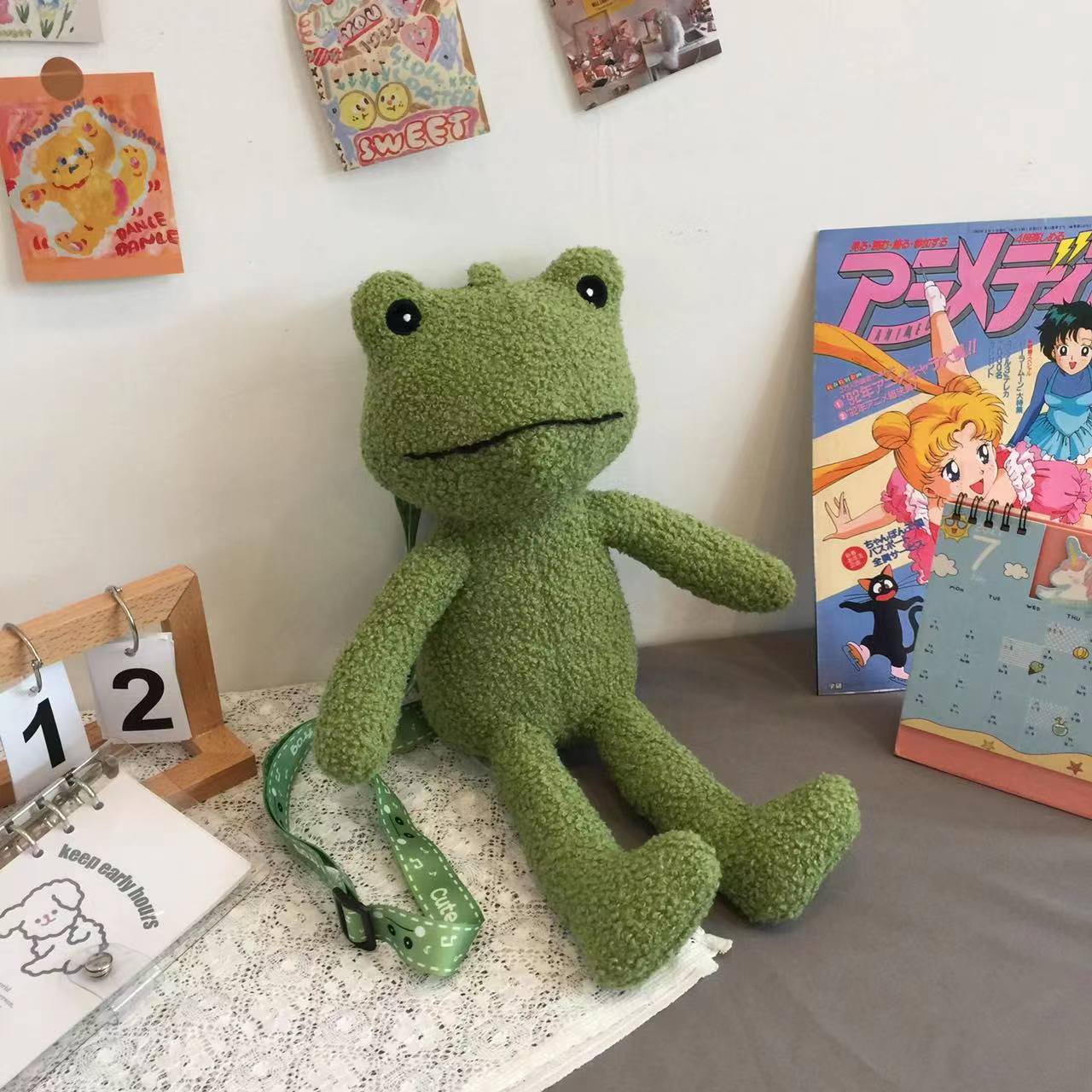 Sacs à bandoulière pour enfants en peluche grenouille verte solitaire et drôle