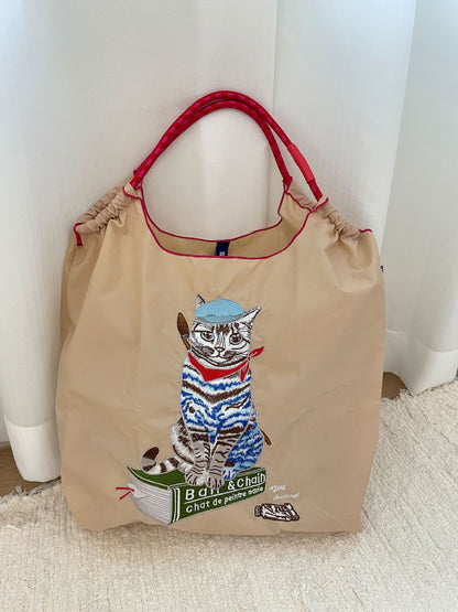 Painter Cat Embroidery Shopping Large Capacity Handbags