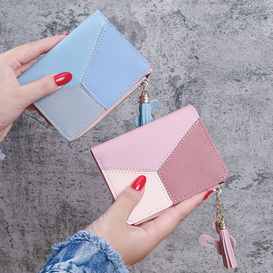 Women's Short Korean Stitching Contrast Color Tassel Ladies Wallets