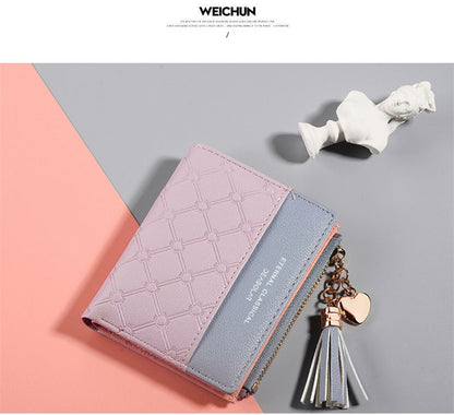 Women's Korean Style Short Stitching Contrast Color Tassel Coin Purses