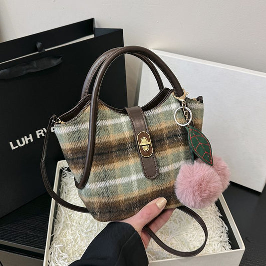 Women's Woolen Large Capacity Fashion Tote Plaid Shoulder Bags