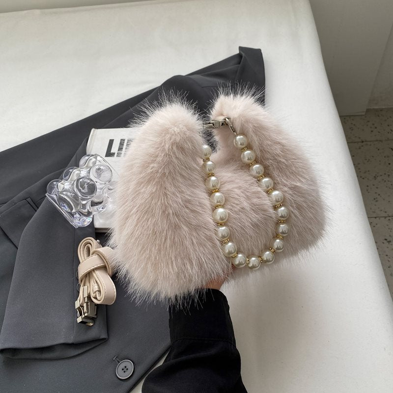 French Fashionable Pearl Tote Female Fur Crossbody Bags