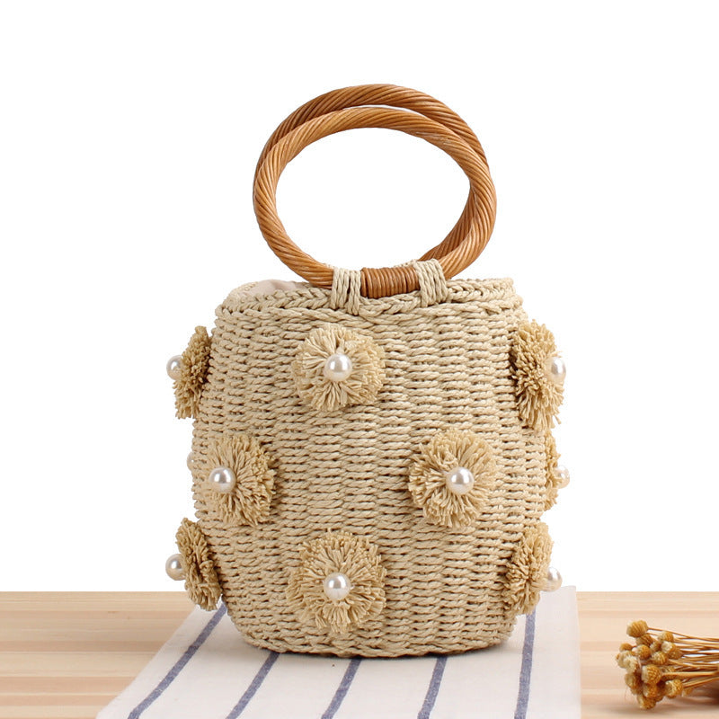 Women's Hand-held Straw Bucket Woven Hand-woven Flower Handbags