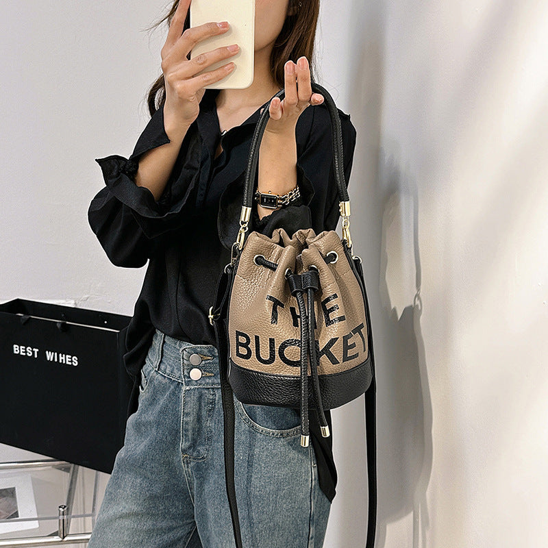 Women's Fashion Stitching Drawstring Portable Bucket Handbags