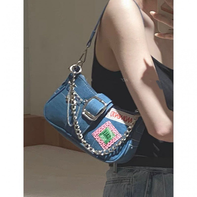 Women's Jean Denim Canvas Fashion Badge Underarm Shoulder Bags