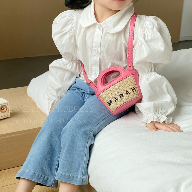 Children's Straw Embroidered Letters Mini Vegetable Basket Children's Shoulder Bags