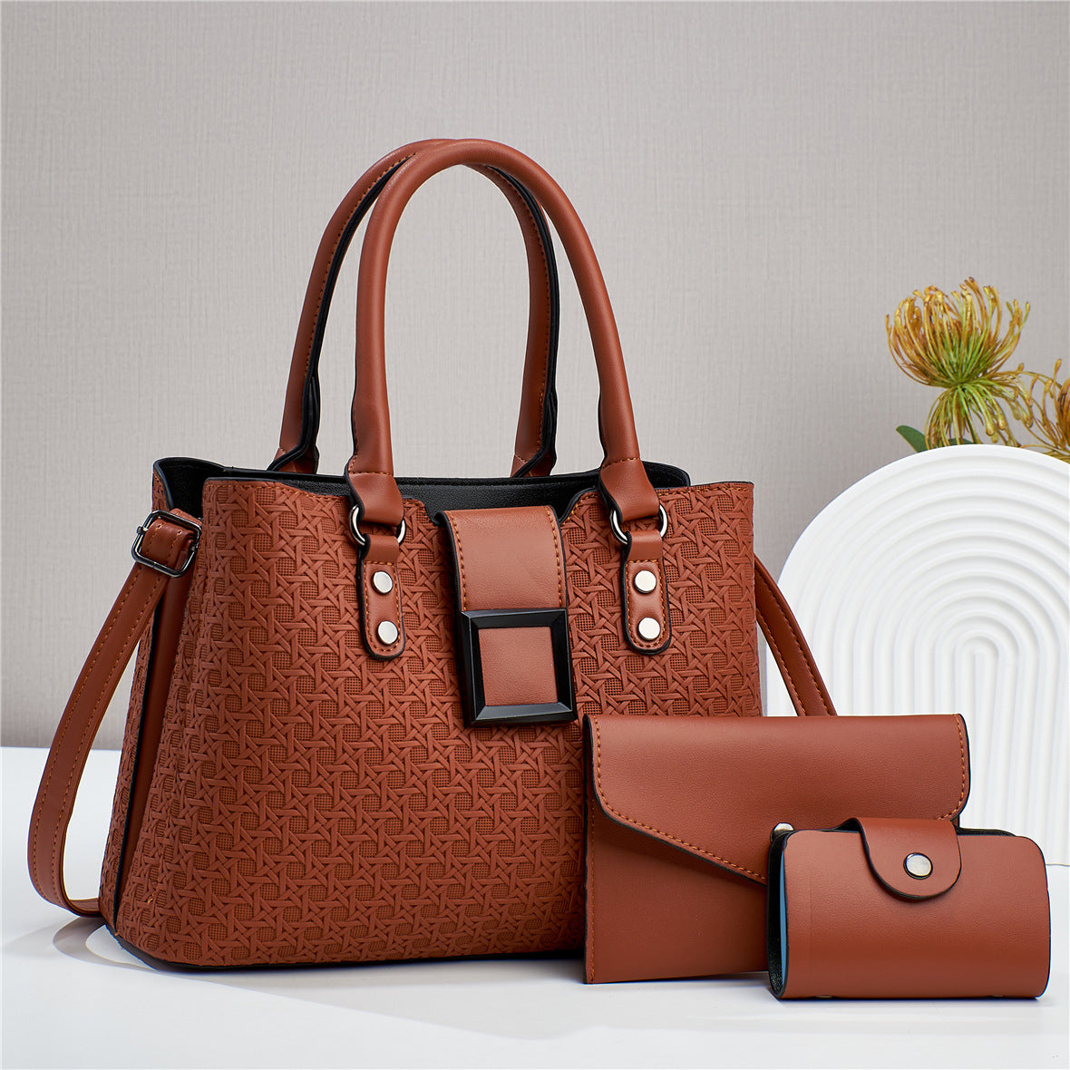 Women's Three-piece Rhombic Embossed Texture Large Capacity Handbags