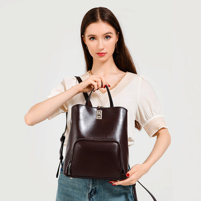 Women's Oil Wax Cowhide Zipper Genuine Leather Simple Backpacks