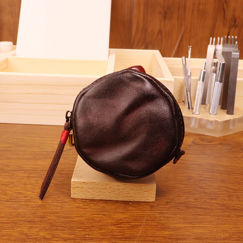 Women's Tanning Leather Retro Hand-rub Color Distressed Round Coin Purses