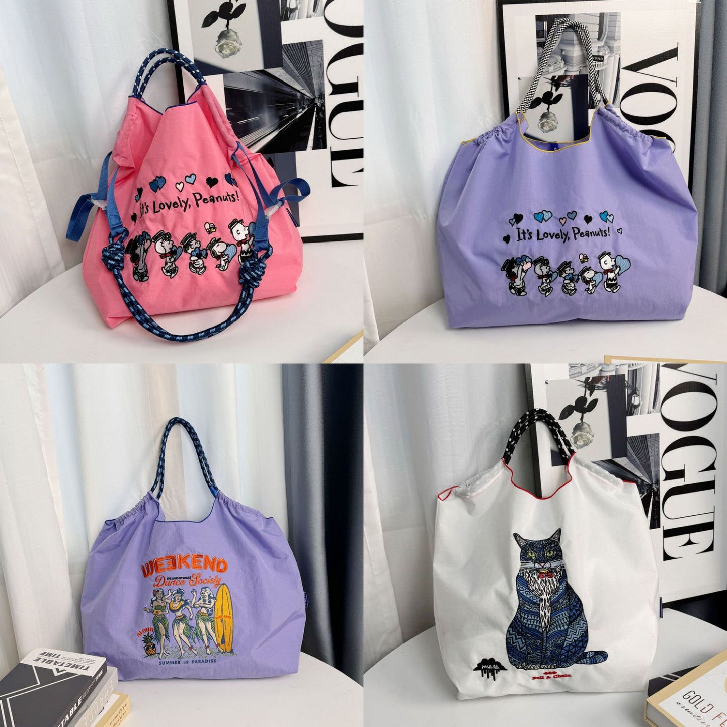 Cat Embroidered Shopping Large Capacity Nylon Handbags