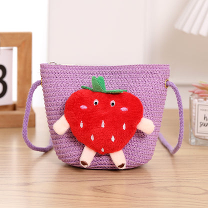 Porte-monnaie pour enfants en paille tressée à la fraise