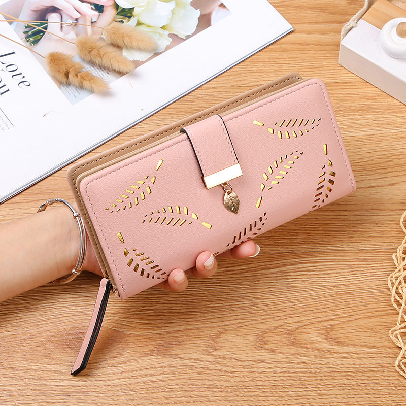 Women's Hollow Leaf Billfold Leather Korean Style Two Card Holder