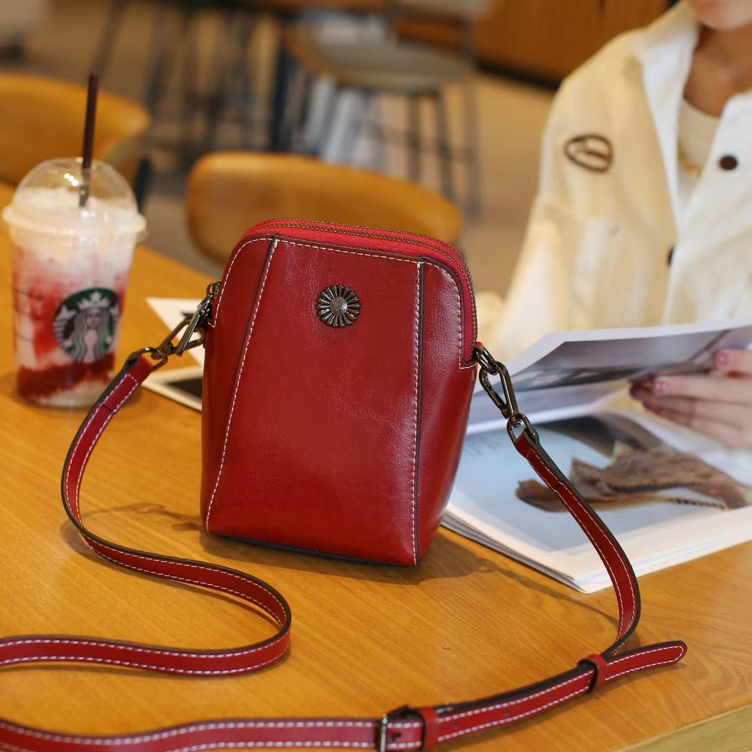 Women's Style Oil Wax Two Layers Leather Phone Bags