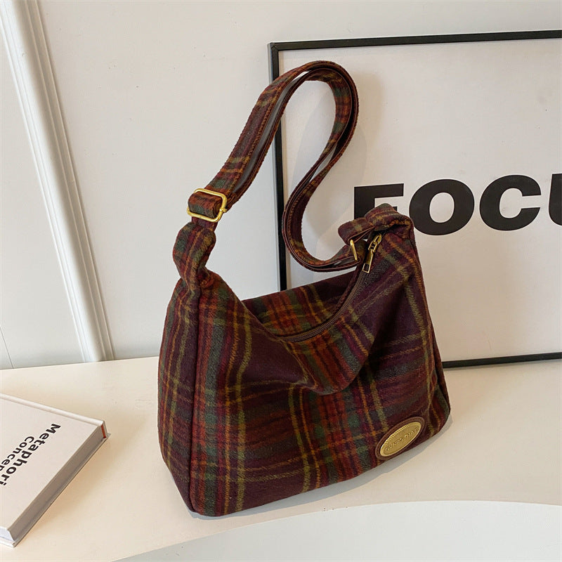 Women's American Retro Plaid Woolen Minority Fashion Crossbody Bags