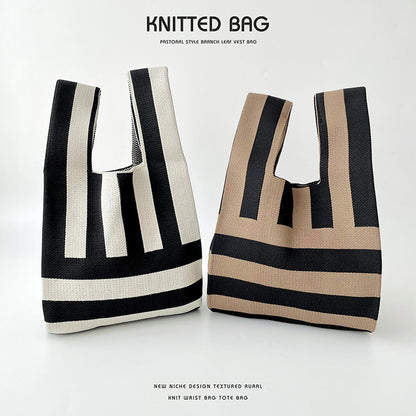 Black White Striped Minimalist Knitted Large Handbags