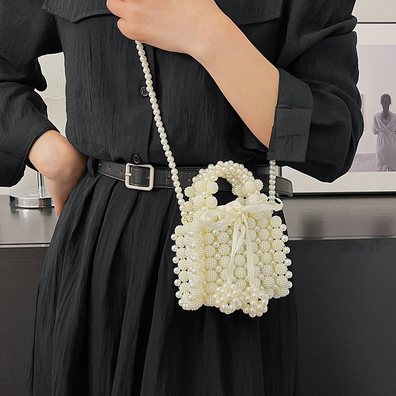 Women's Pure Color Beaded Pearl Woven Small Bags