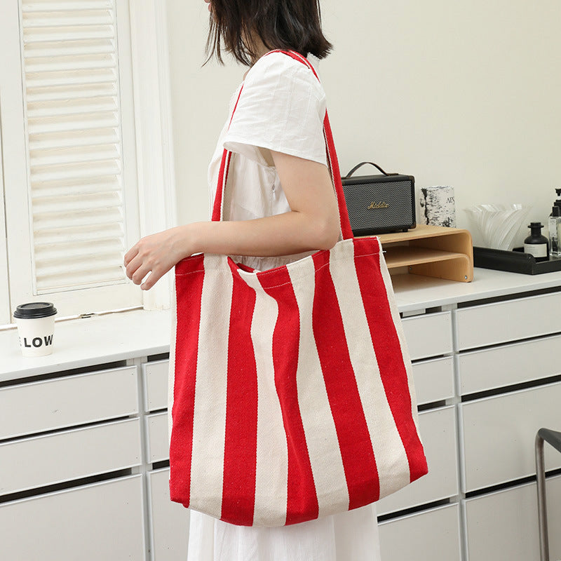 Women's Style Leisure Artistic Canvas Simple Fresh Striped Fashion Shoulder Bags