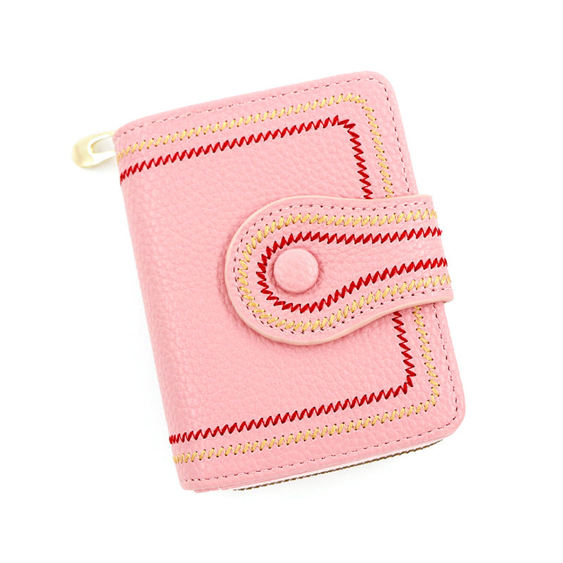 Women's Short Zipper Hasp Litchi Pattern Embroidered Ladies Wallets