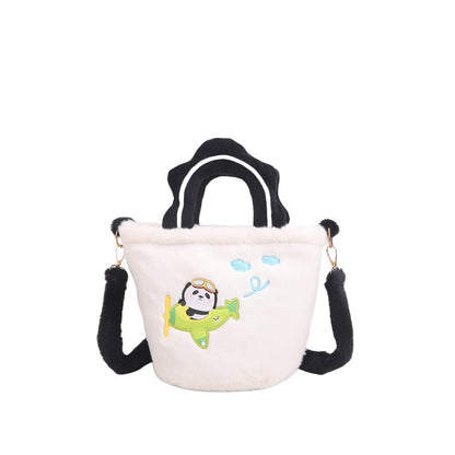 Style Embroidery Cute Little Panda Portable Basket Crossbody Bags