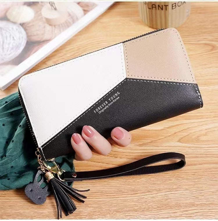 Women's Contrast Patchwork Zip Tassel Large Capacity Ladies Wallets