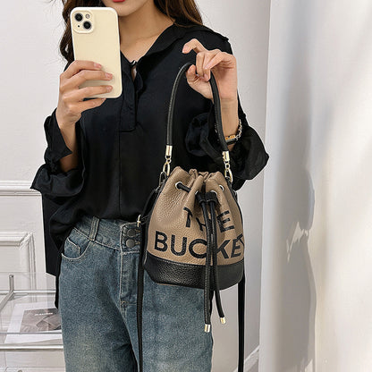 Women's Fashion Stitching Drawstring Portable Bucket Handbags