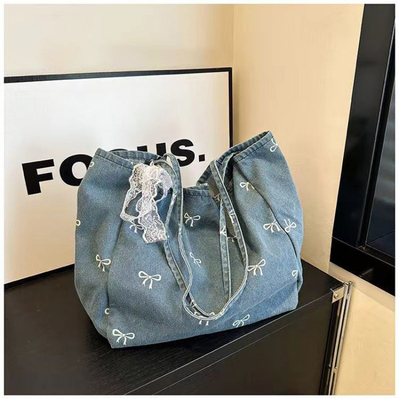 Good-looking Denim Canvas Bow Sweet Large Shoulder Bags