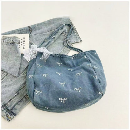 Good-looking Denim Canvas Bow Sweet Large Shoulder Bags