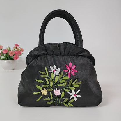 Women's Zipper Handmade Ribbon Embroidered Mom Shopping Handbags