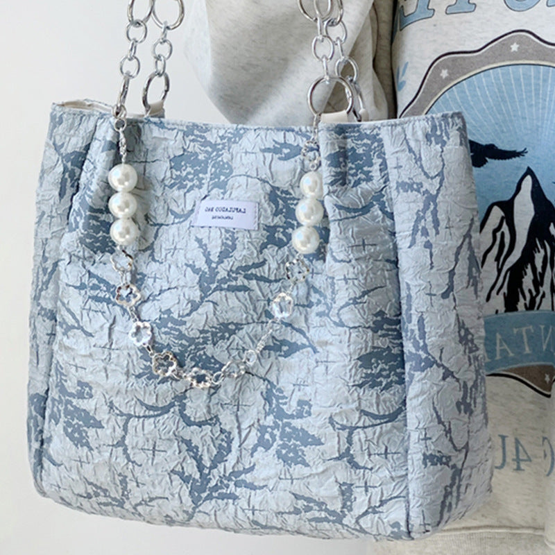 Women's Sea Salt Blue Jacquard Canvas Tote Shoulder Bags