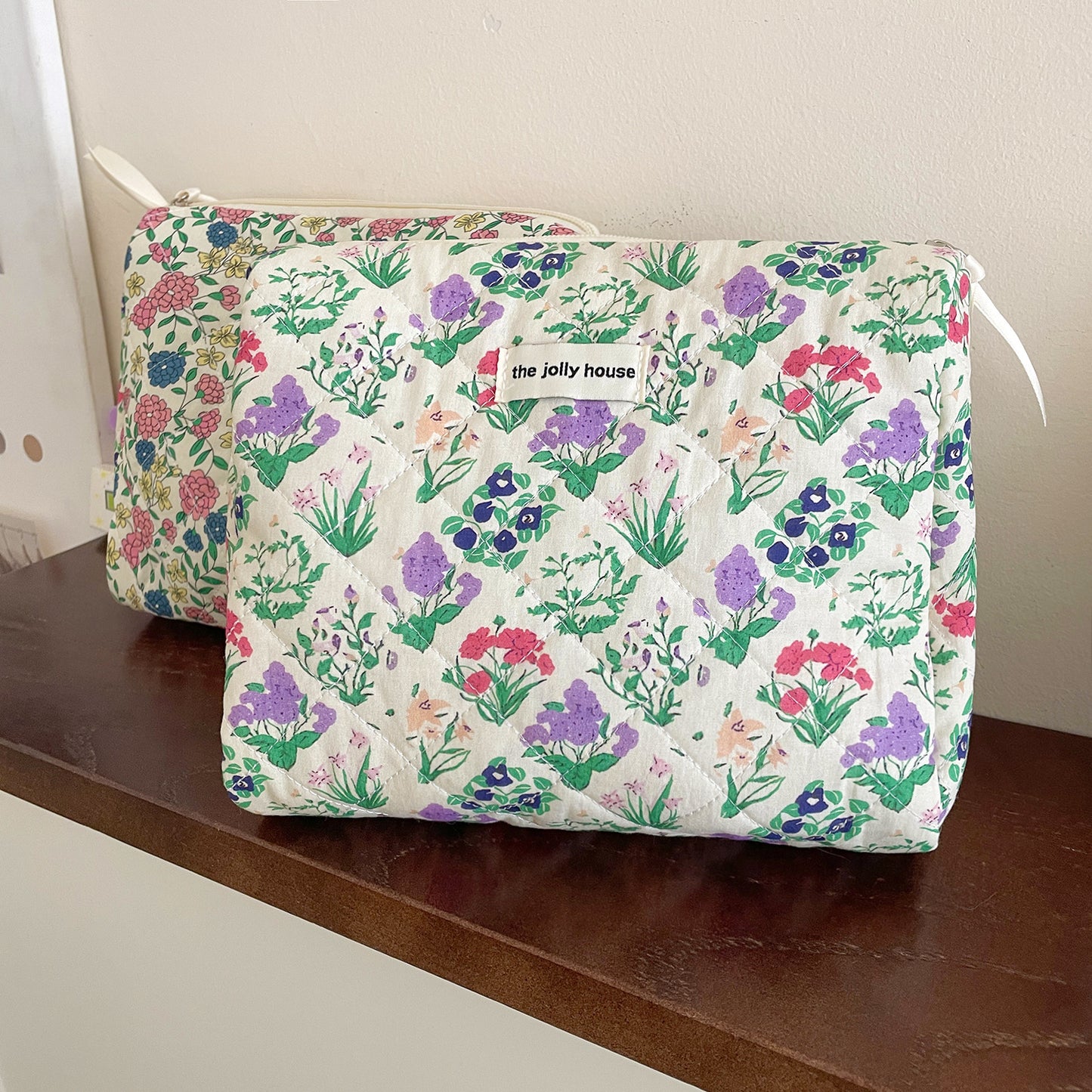 Trousse de toilette matelassée de grande capacité à motif floral rétro