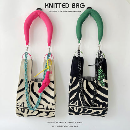 Zebra Pattern Knitted Personalized Versatile Large Shoulder Bags