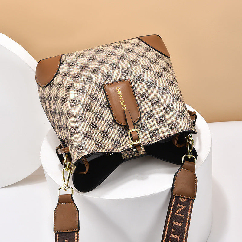 Women's Retro Bucket Fashion Stitching Printing Color Shoulder Bags