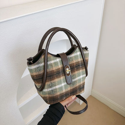 Women's Woolen Large Capacity Fashion Tote Plaid Shoulder Bags