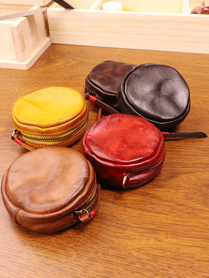 Women's Tanning Leather Retro Hand-rub Color Distressed Round Coin Purses