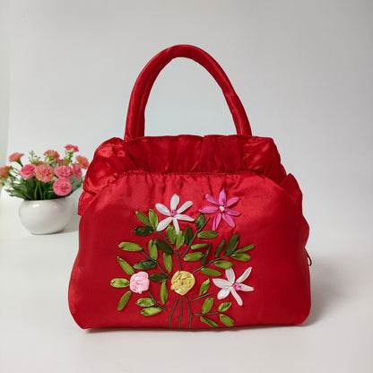 Women's Zipper Handmade Ribbon Embroidered Mom Shopping Handbags