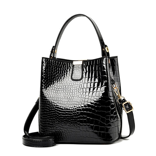 Women's Fashion Bright Leather Bucket Simple Stone Shoulder Bags