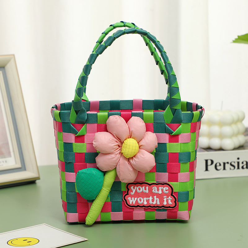 Panier pour femmes et enfants Artisanat artistique Sacs tissés à fleurs mignonnes