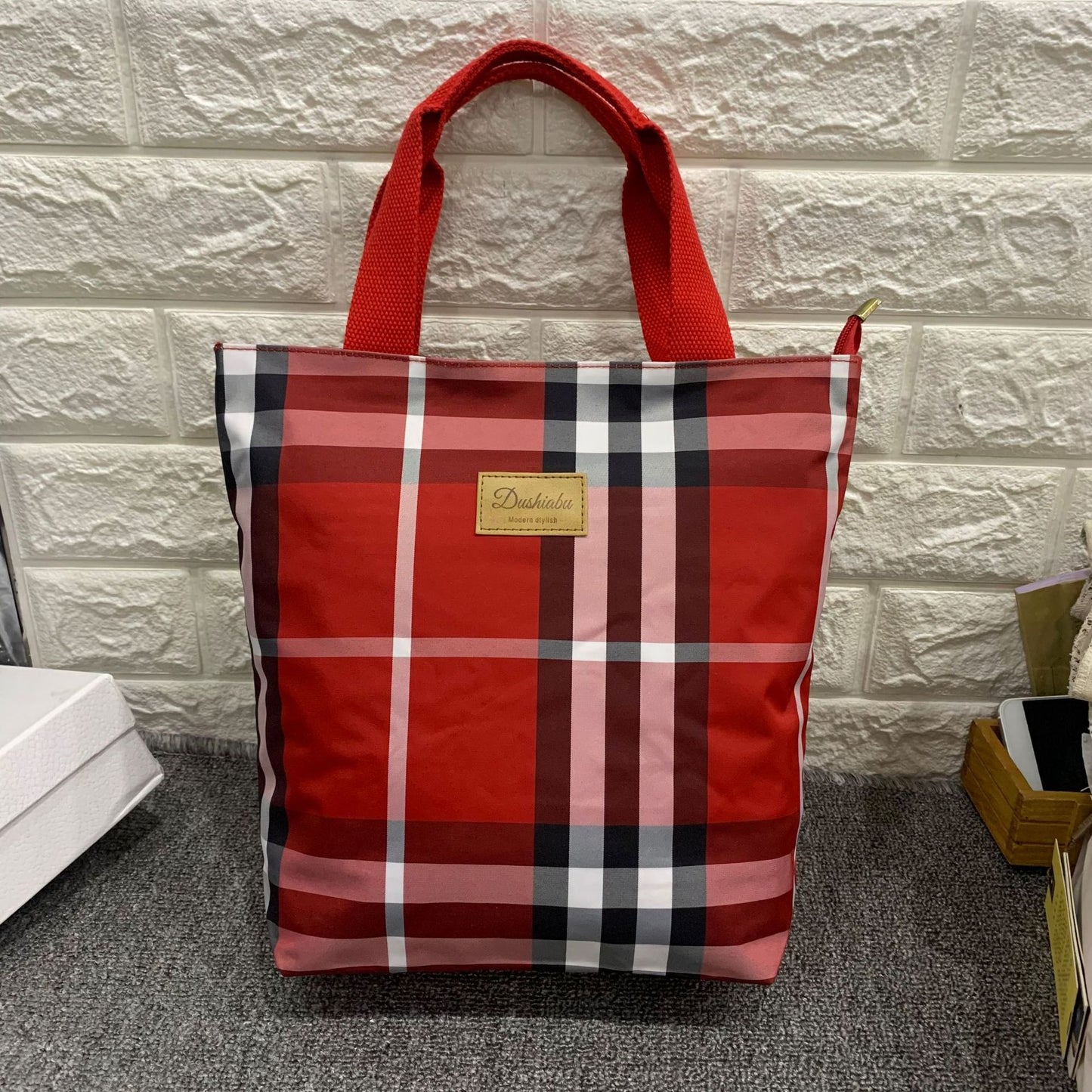 Fashion Plaid Zipper Waterproof Lunch Box Shopping Handbags