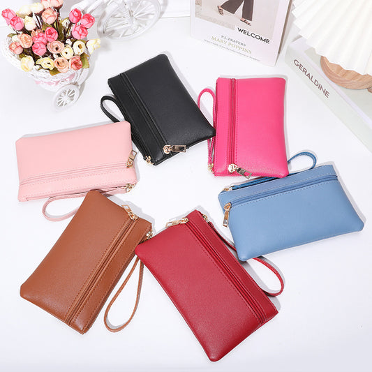 Women's Solid Color Double Zipper Mobile Mid-length Handbags