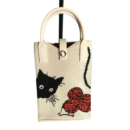 Women's Mobile Small Cat Knitted Portable Storage Handbags