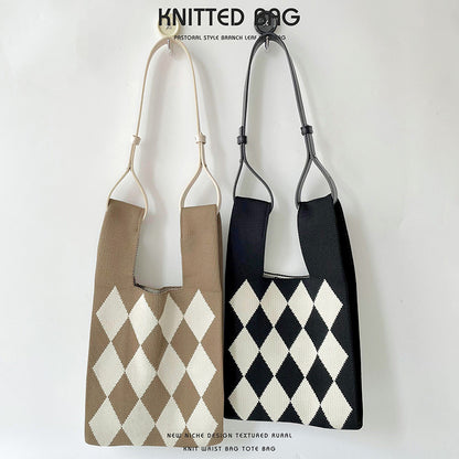 Vest Knitted Black White Rhombus Single High Shoulder Bags