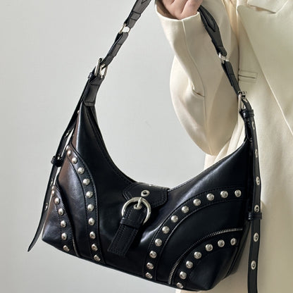 Wax Leather Croissant Rivet Motorcycle High-grade Crossbody Bags