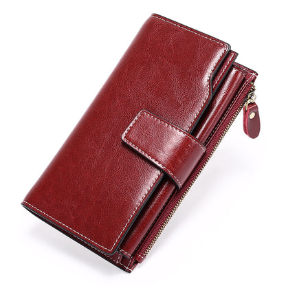 Women's Leather Long Korean Style Oil Wax Cowhide Ladies Wallets