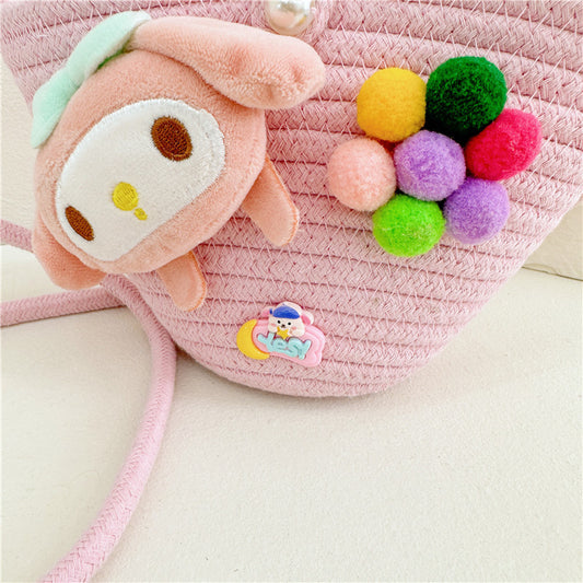 Women's & Children's & Summer Fashion Straw Cartoon Plush Children's Shoulder Bags