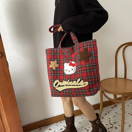 Style Fashion Large Capacity Canvas Retro Plaid Kitty Kitten Shoulder Bags