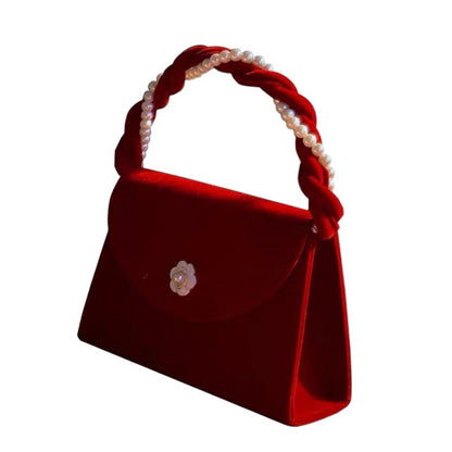 Women's Camellia Red Pearl Hand Western Style Engagement Female Bride Handbags