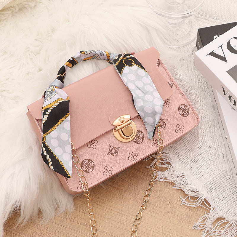 Slouchy Fashion Printed Silk Scarf Chain Crossbody Bags